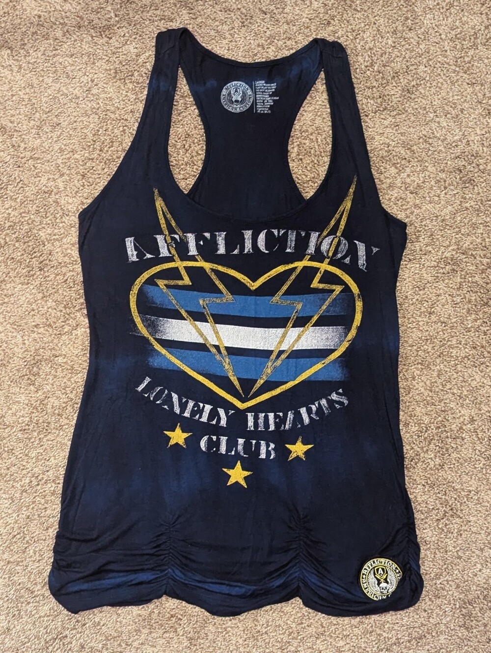 Women's Affliction Navy Racerback Tank with Gold & Blue Heart Graphic Size Large